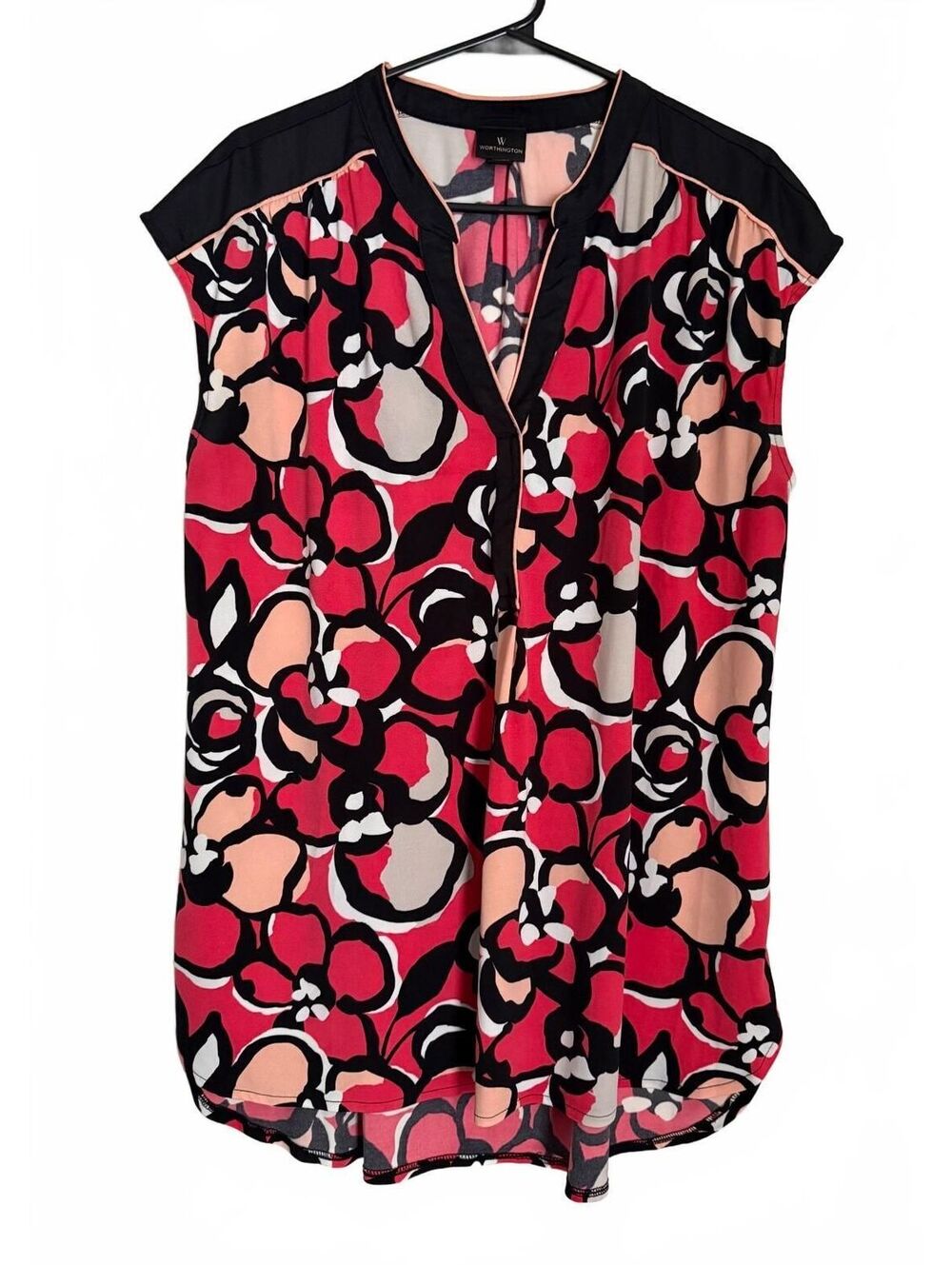 Worthington Women's Knit Sleeveless Blouse XL Extra Large Pink Black Retro